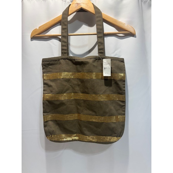 LOFT Handbags - LOFT Tote Bag Women Olive Green Gold Sequin Striped Canvas Shoulder Bag